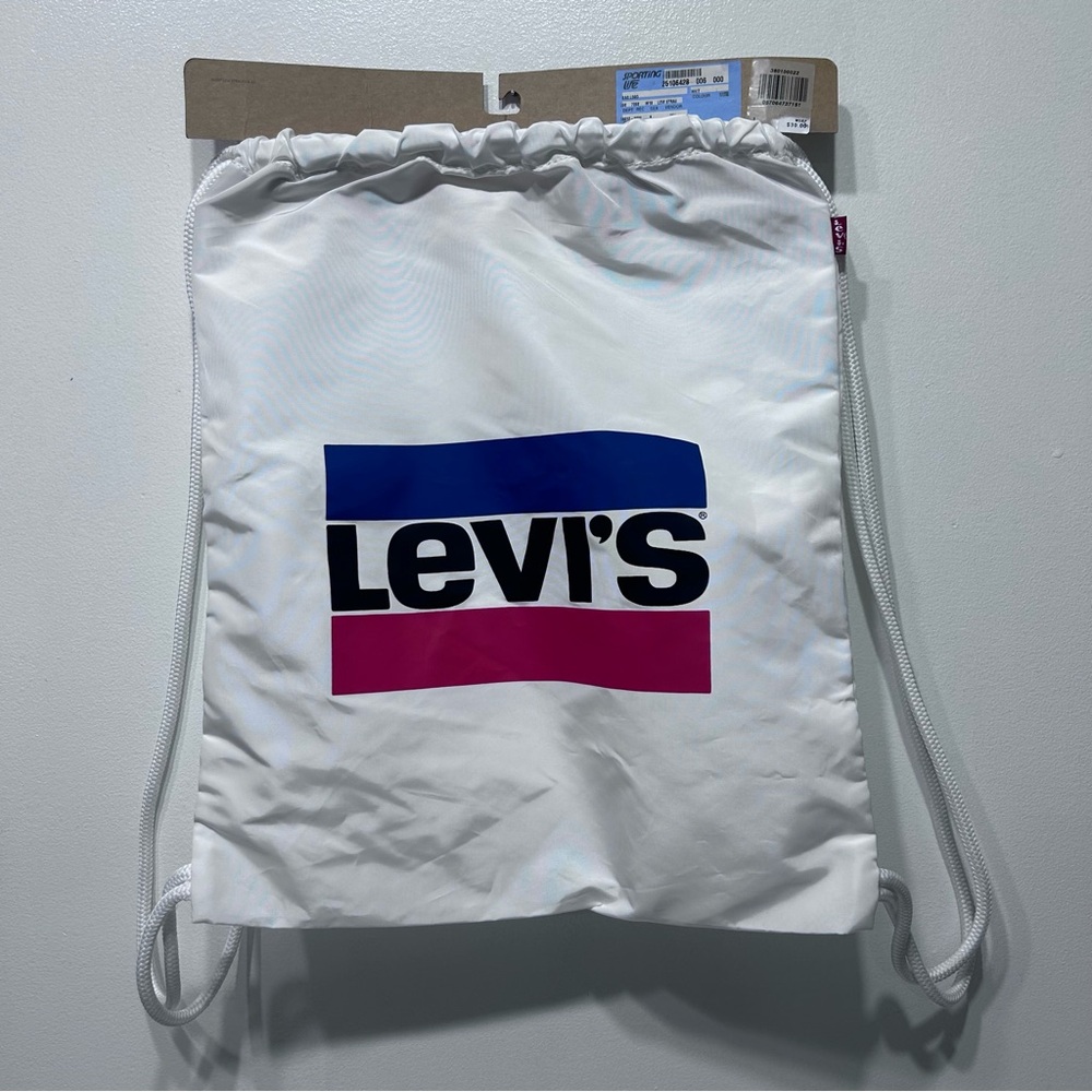 Levi's White Polyester Drawstring Tote Shoe‎ Everyday Gym Bag Red Blue Bar Logo